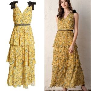 NWT LULUS Such Sophistication Yellow Floral Print Pleated Maxi Dress size XS